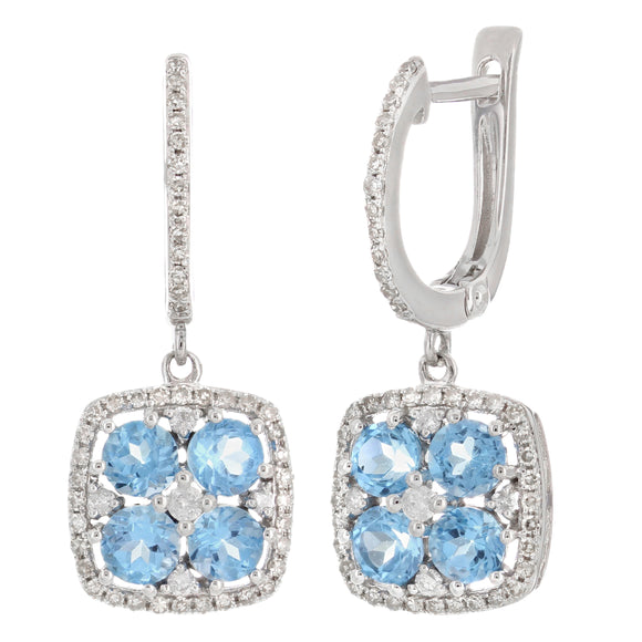 14k White Gold 0.40ctw Blue Topaz & Diamond Bouquet Dangle Hoop Earrings