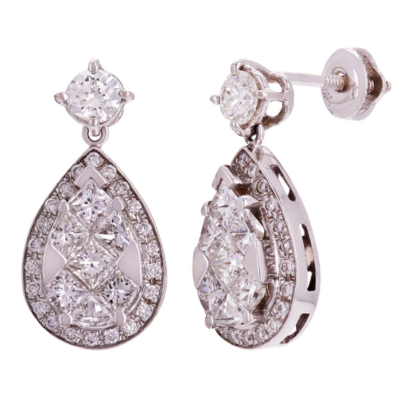 14k White Gold 1.5ctw Diamond Pear Shape Cluster Drop Earrings