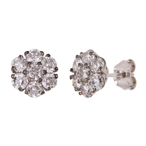 14k White Gold Flower Cluster Round Diamond Stud Earrings 3.01ctw 10.9mm 3 grams