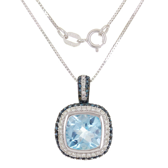 14k White Gold 0.50ctw Blue Topaz &  Diamond Pave Vintage Style Pendant Necklace