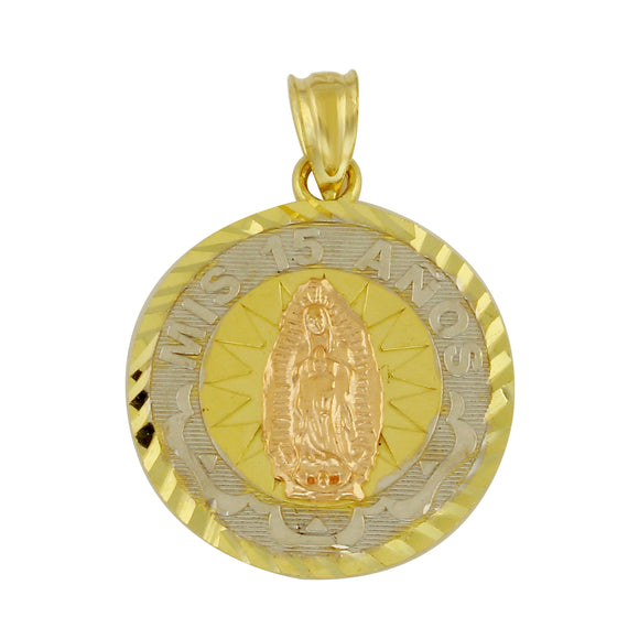 14k Tri Color Gold 15 Anos Quinceanera Lady of Guadalupe Charm Pendant 2.9 grams