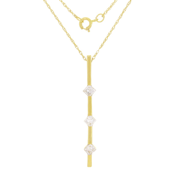 14k Yellow Gold 0.50ctw Princess Diamond Three-Stone Bar Pendant Necklace 18