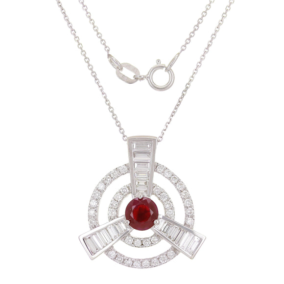 18k White Gold 0.90ctw Ruby & Diamond Concentric Rings Pendant Necklace 18
