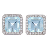 18k White Gold 0.75ctw Blue Topaz & Diamond Square Halo Earrings