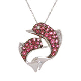 14k White Gold Pink Tourmaline & Diamond Jumping Dolphins Pendant Necklace 18"