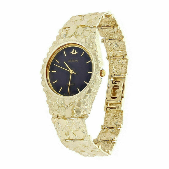 10k Yellow Gold Nugget Link Geneve Wrist Watch Adjustable 7.5-8