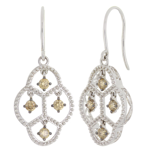 10k White Gold 0.90ctw Champagne Diamond Drops in Honeycomb Dangle Earrings