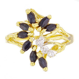 14k Yellow Gold Sapphire & Diamond Accent Floral Leaf Cluster Ring Size 7.5