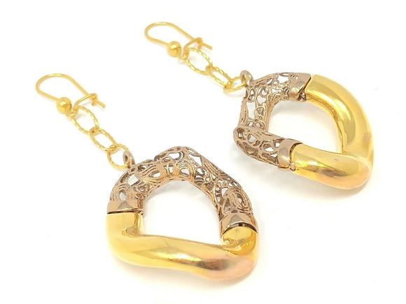 Italian 14k Two Tone Gold Hollow Filigree Oval Dangling Earrings 2.4