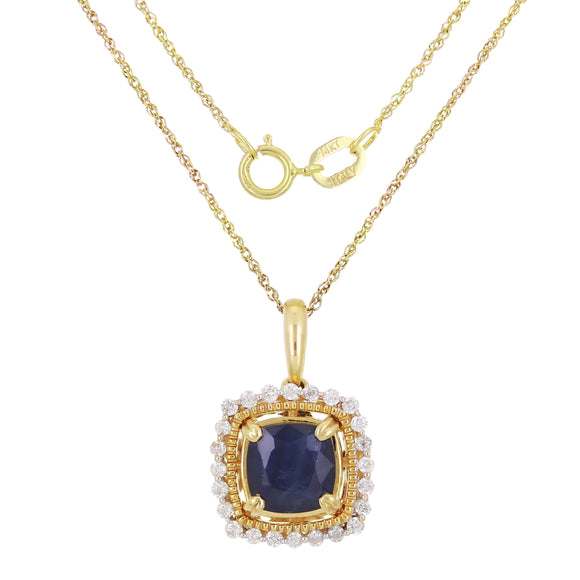 14k Yellow Gold 0.25ctw Sapphire & Diamond Vintage Style Pendant Necklace 18
