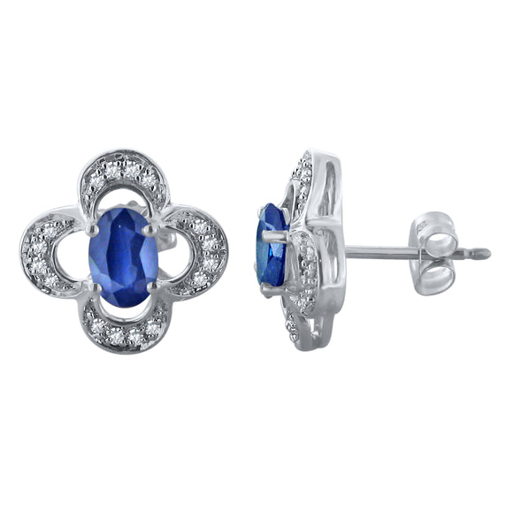 14k White Gold 0.15ctw Sapphire & Diamond Open Flower Cluster Stud Earrings
