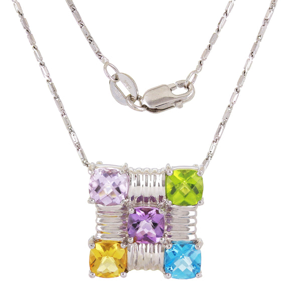 14k White Gold Rainbow Gemstone Checkerboard Floating Pendant Necklace 18