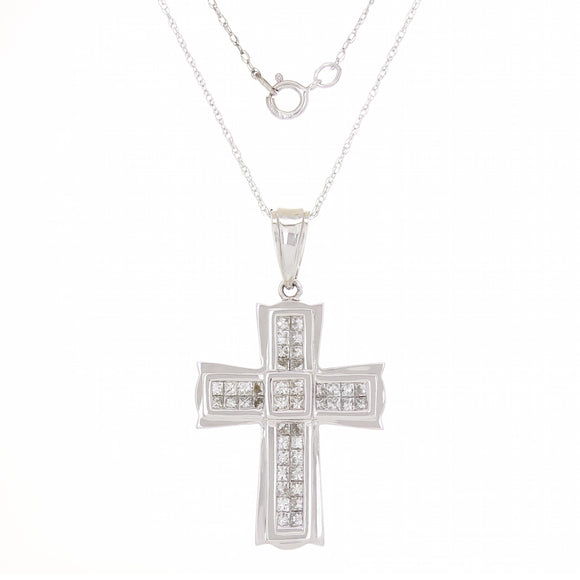 14k White Gold 0.78ctw Diamond Princess Cross Pendant Necklace 18