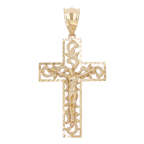 14k Yellow Gold Filigree Diamond Cut Jesus Cross Crucifix Pendant 1.9