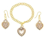 Italian 14k Two Tone Gold Filigree Heart Dangle Earrings & Bracelet Set 13.2g