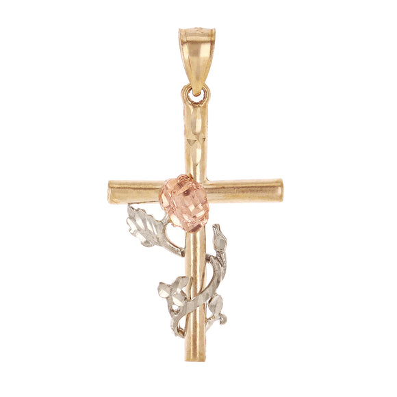 14k Tri Color Gold Cross with Flowers Charm Pendant 1.6