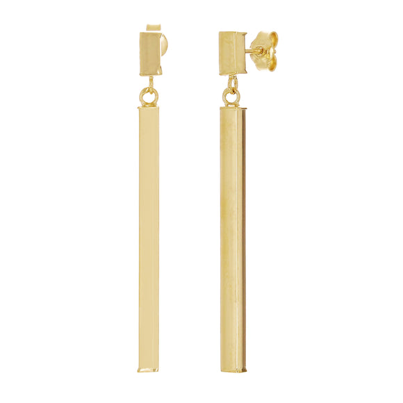 Italian 14k Yellow Gold Square Vertical Bar Dangle Drop Earrings 1.8
