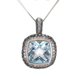 10k White Gold 0.60ctw Blue Topaz & Diamond Pave Cushion Pendant Necklace 18"