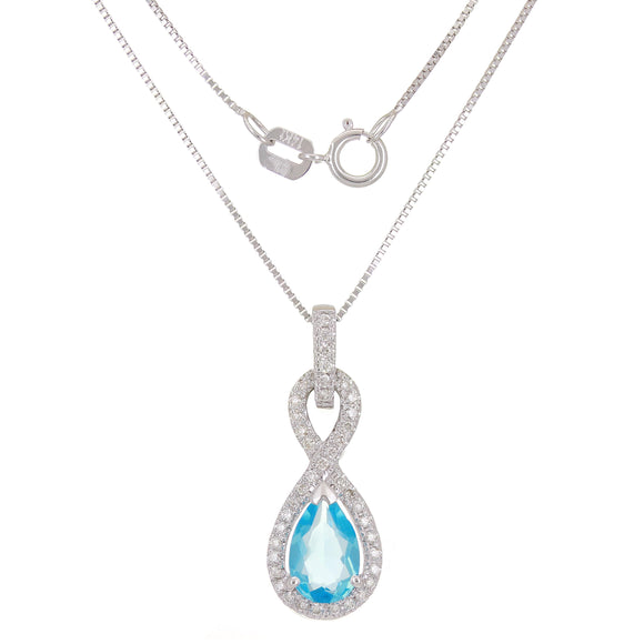 14k White Gold 0.15ctw Blue Topaz & Diamond Infinity Drop Pendant Necklace