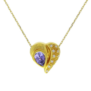 18k Yellow Gold Iolite & Diamond Accent Ribbon Heart Pendant Necklace 18"