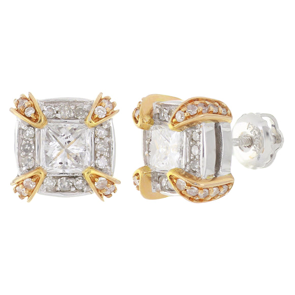 14k Two Tone Gold 1.50ctw Diamond Deco Style Square Stud Earrings