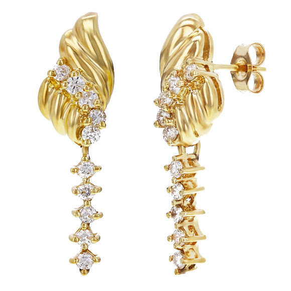 14k Yellow Gold 0.60ctw Diamond Linear Drop Scalloped Shell Polished Earrings