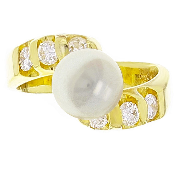 14k Yellow Gold 0.40ctw Diamond & 8.50mm White Cultured Pearl Bypass Ring Size 6