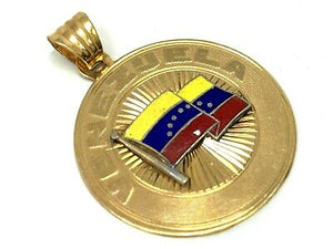 14k Yellow Gold Enamel Venezuela Flag Handmade Charm Pendant 1.3" 3.7 grams