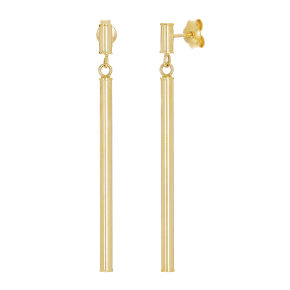 Italian 14k Yellow Gold Tube Vertical Bar Dangle Drop Earrings 1.8